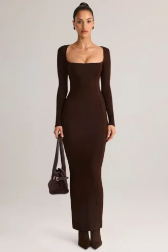 Lux Modal Bodycon-maxikjole med firkantet hals i sjokoladebrun