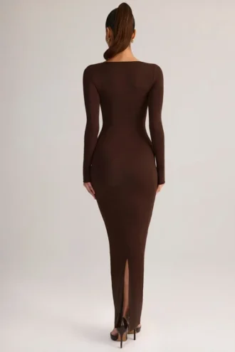 Lux Modal Bodycon-maxikjole med firkantet hals i sjokoladebrun