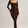 Lux Modal Bodycon-maxikjole med firkantet hals i sjokoladebrun