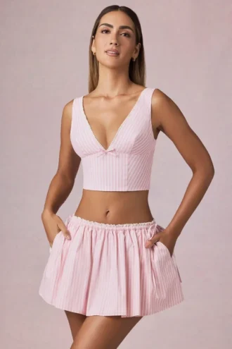 Maira rynket miniskjørt med snøring i myk mauve stripe