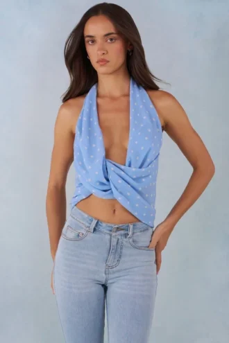 Maraya Deep Plunge Halterneck Top i blått prikkemønster