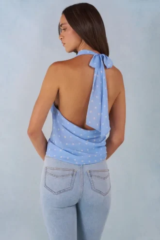 Maraya Deep Plunge Halterneck Top i blått prikkemønster