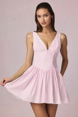 Marissa A-linje minikjole med sløyfe i myk mauve stripe