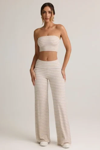 Melida Modal Foldover Wide-Leg Trousers i rosa og gul stripe