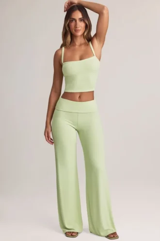 Melida Modal Foldover Wide-Leg Trousers i salviegrønn