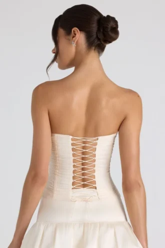 Melvina Ruched Lace-Up Strapless Corset Top i elfenben
