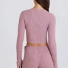 Mini-shorts i ribbestrikket stoff med snøring i mauve