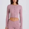 Mini-shorts i ribbestrikket stoff med snøring i mauve
