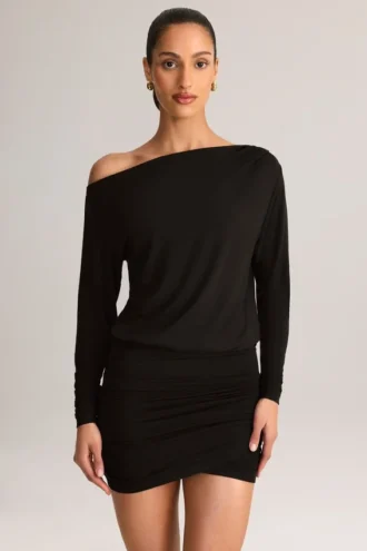 Mira Modal Off-Shoulder Wrap Minikjole i svart