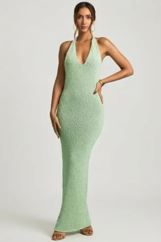 Mirri bouclé halterneck-maxikjole i mint