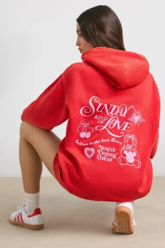 Myk bomullsjersey-hoodie i oversize i rødt