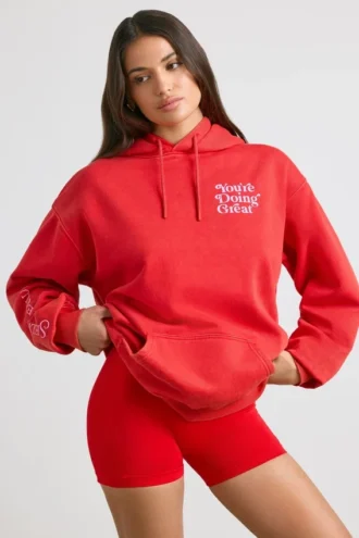 Myk bomullsjersey-hoodie i oversize i rødt
