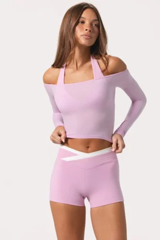 Myk jersey-top med avskårne skuldre i søt rosa