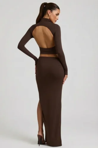 Nadina Modal-maxi-skjørt med asymmetrisk midje i sjokoladebrun