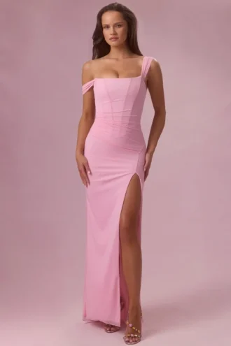 Naelle Mesh Draped Corset Gown i sukkerspinnrosa