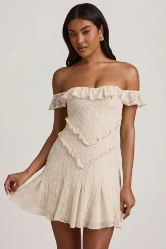 Nahida off-shoulder A-linje minikjole i blonder i elfenben