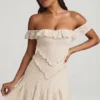 Nahida off-shoulder A-linje minikjole i blonder i elfenben