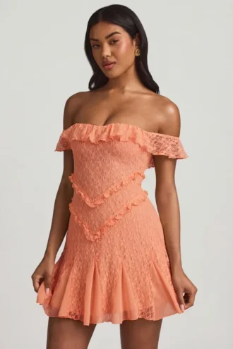 Nahida off-shoulder A-linje minikjole i blonder i fersken