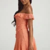 Nahida off-shoulder A-linje minikjole i blonder i fersken
