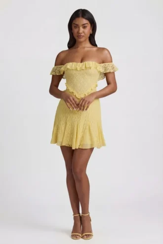 Nahida Off-Shoulder Lace A-Line Minikjole i pastellgult