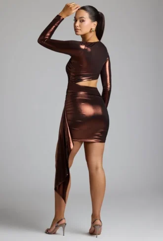 Nasira Cut Out Metallic Jersey Minikjole i kobberbronse