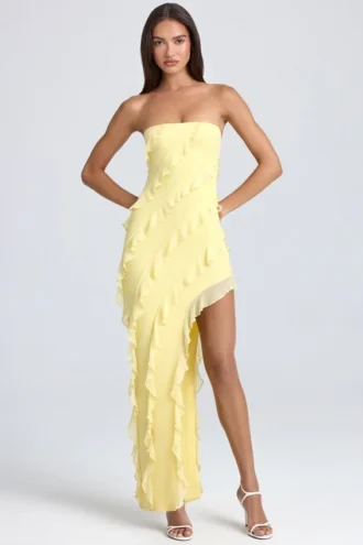 Nevali bandeau-maxikjole med volanger i sitronsorbet
