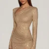 Nevina pyntet asymmetrisk bodycon-minikjole i gull