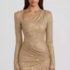 Nevina pyntet asymmetrisk bodycon-minikjole i gull