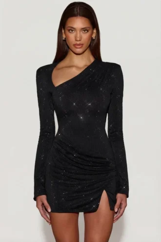 Nevina pyntet asymmetrisk bodycon-minikjole i svart