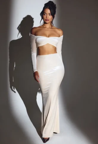 Nixie Velvet Mid-Rise Maxi Skjørt i elfenben
