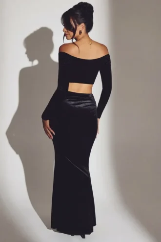 Nixie Velvet mid-rise maxi-skjørt i jet black