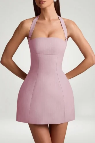 Odessa Pinstripe Halterneck Structured A-Line Minikjoler i Mauve