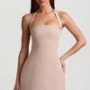 Odessa Pinstripe Halterneck Structured A-Line Minikjoler i Mushroom
