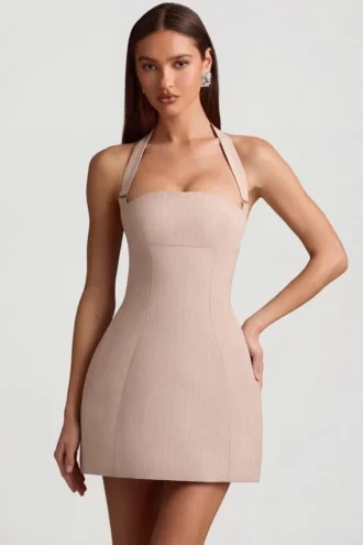 Odessa Pinstripe Halterneck Structured A-Line Minikjoler i Mushroom