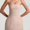Odessa Pinstripe Halterneck Structured A-Line Minikjoler i Mushroom