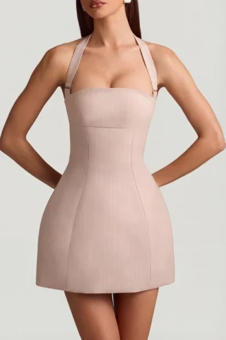 Odessa Pinstripe Halterneck Structured A-Line Minikjoler i Mushroom
