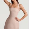 Odessa Pinstripe Halterneck Structured A-Line Minikjoler i Mushroom