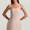 Odessa Pinstripe Halterneck Structured A-Line Minikjoler i Mushroom