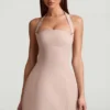 Odessa Pinstripe Halterneck Structured A-Line Minikjoler i Mushroom