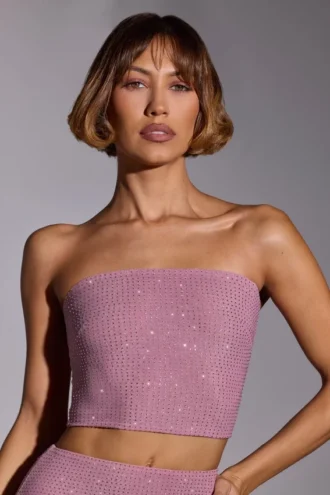 Odetta pyntet, stroppeløs crop-top i lyserosa