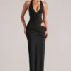 Oona Deep Plunge Halterneck Maxi Kjole i svart