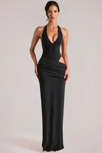 Oona Deep Plunge Halterneck Maxi Kjole i svart