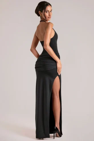 Oona Deep Plunge Halterneck Maxi Kjole i svart
