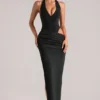 Oona Deep Plunge Halterneck Maxi Kjole i svart