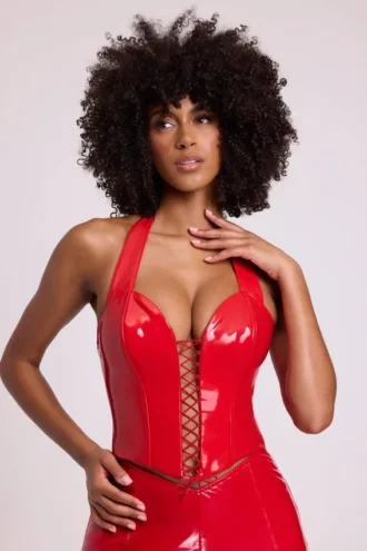 Ophelia vinyl halterneck snøring korsett crop top i ildrød