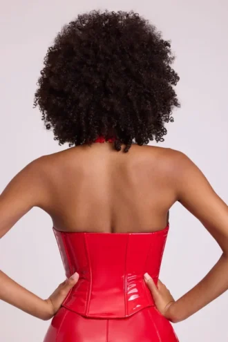 Ophelia vinyl halterneck snøring korsett crop top i ildrød