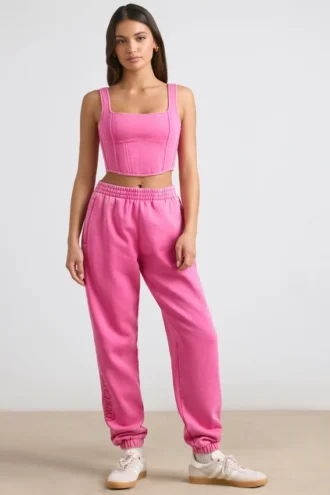 Oversized joggebukse i børstet jersey i hot pink