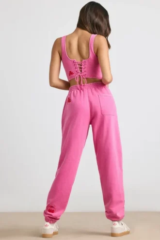 Oversized joggebukse i børstet jersey i hot pink