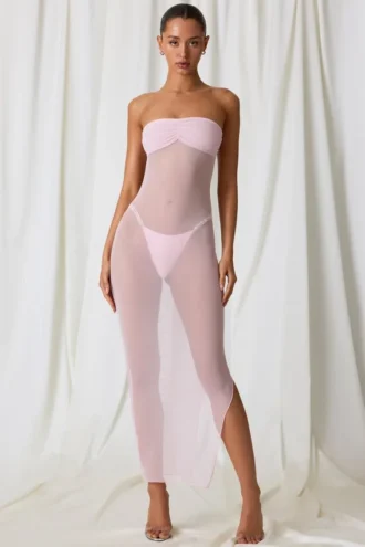 Papeete Ruched Bandeau Midi-kjole i myk rosa