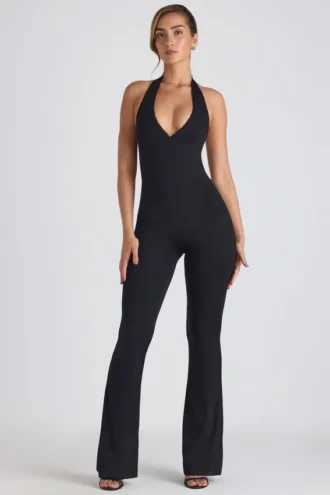 Pema Modal Lace-Trim Cut-Out Flared Jumpsuit i svart